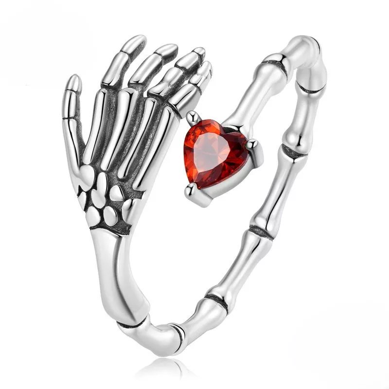925 Silver Skeleton Hand Red Heart Open Ring