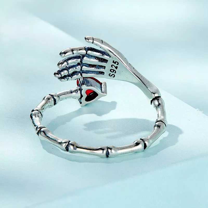 925 Silver Skeleton Hand Red Heart Open Ring