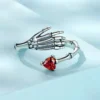 925 Silver Skeleton Hand Red Heart Open Ring