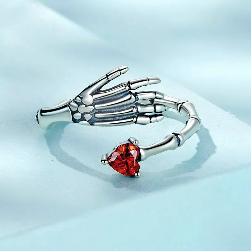 925 Silver Skeleton Hand Red Heart Open Ring