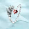 925 Silver Skeleton Hand Red Heart Open Ring