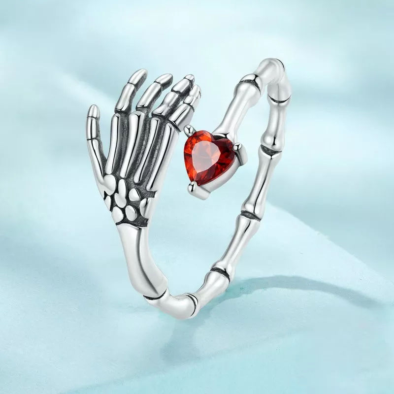 925 Silver Skeleton Hand Red Heart Open Ring