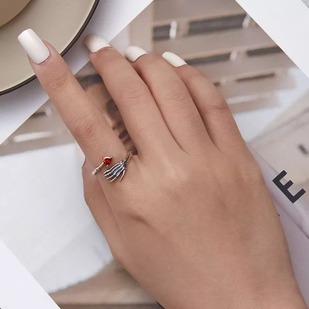 925 Silver Skeleton Hand Red Heart Open Ring