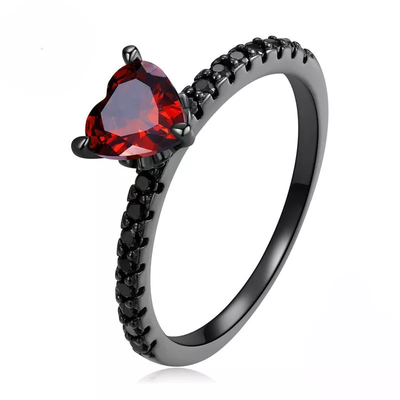 925 Silver Black‑Plated Heart Red Gem Ring 925 Silver Black‑Plated Heart Red Gem Ring