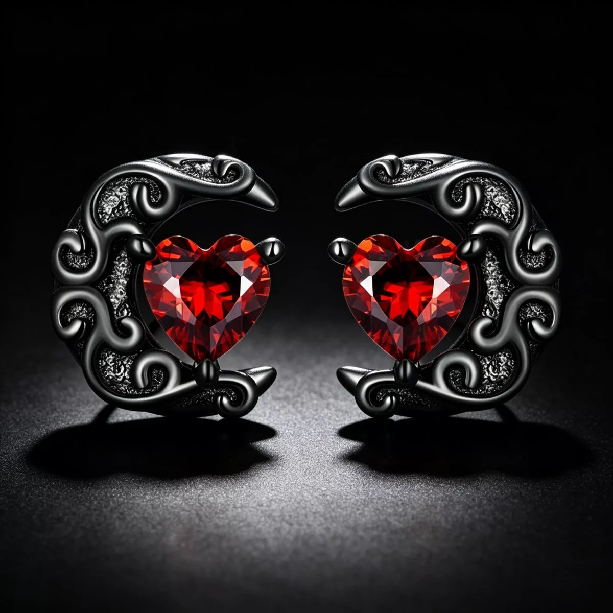 925 Silver Black‑Plated Moon Heart Stud Earrings