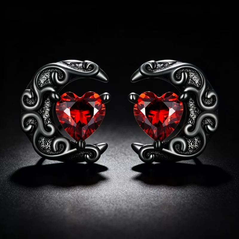 925 Silver Black‑Plated Moon Heart Stud Earrings