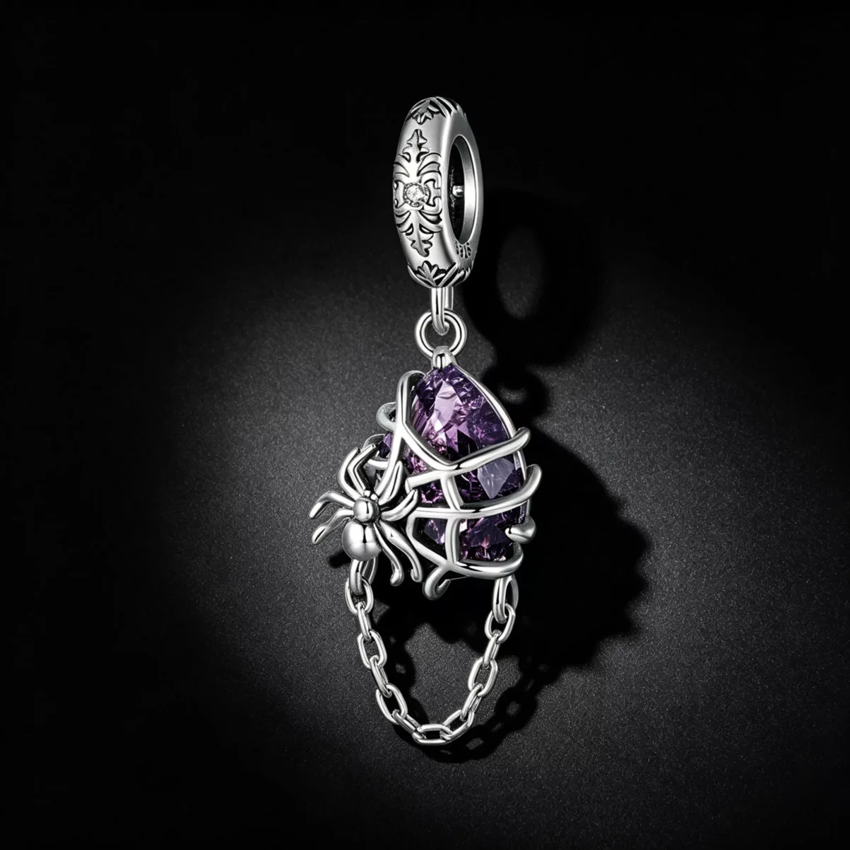 925 Silver Spider Web Purple Crystal Dangle Charm