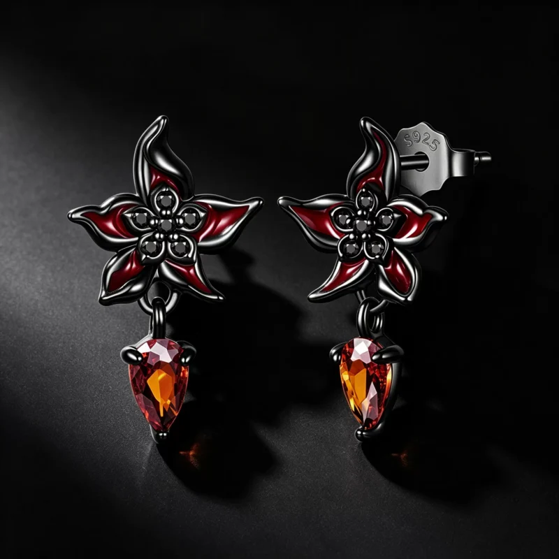 Red Mandala Flower S925 Silver Drop Stud Earrings