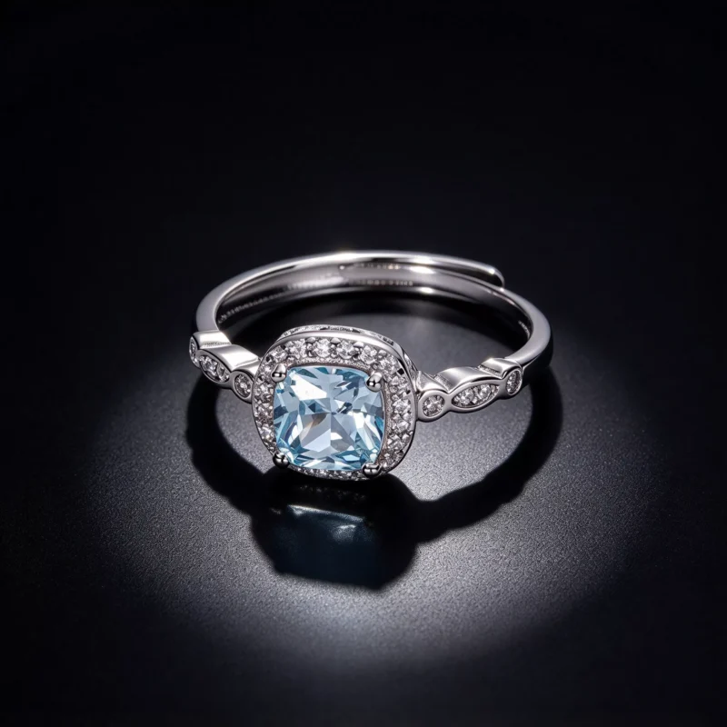 S925 Silver Light Blue Cushion Cut Ring