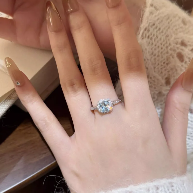 S925 Silver Light Blue Cushion Cut Ring