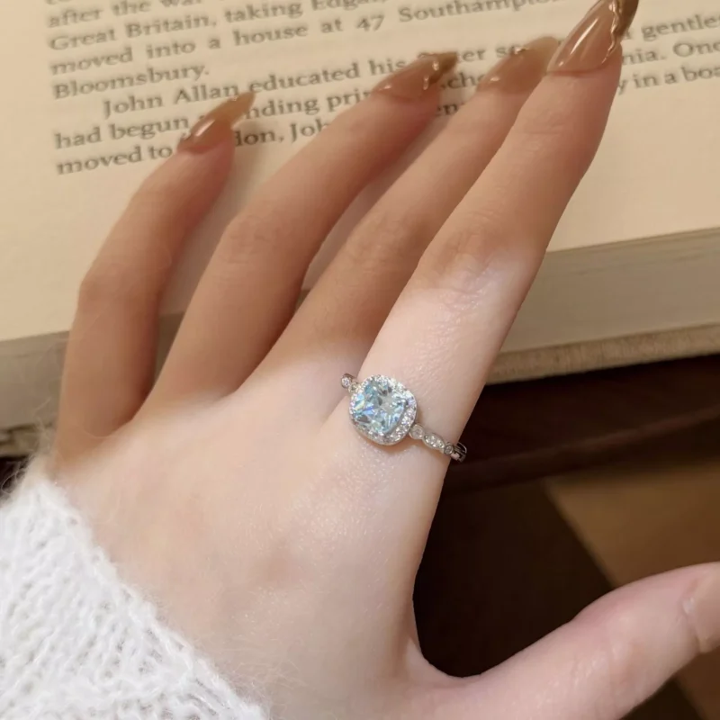 S925 Silver Light Blue Cushion Cut Ring