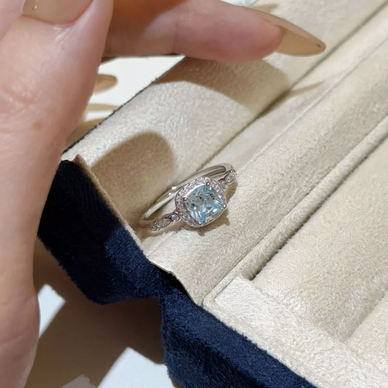 S925 Silver Light Blue Cushion Cut Ring