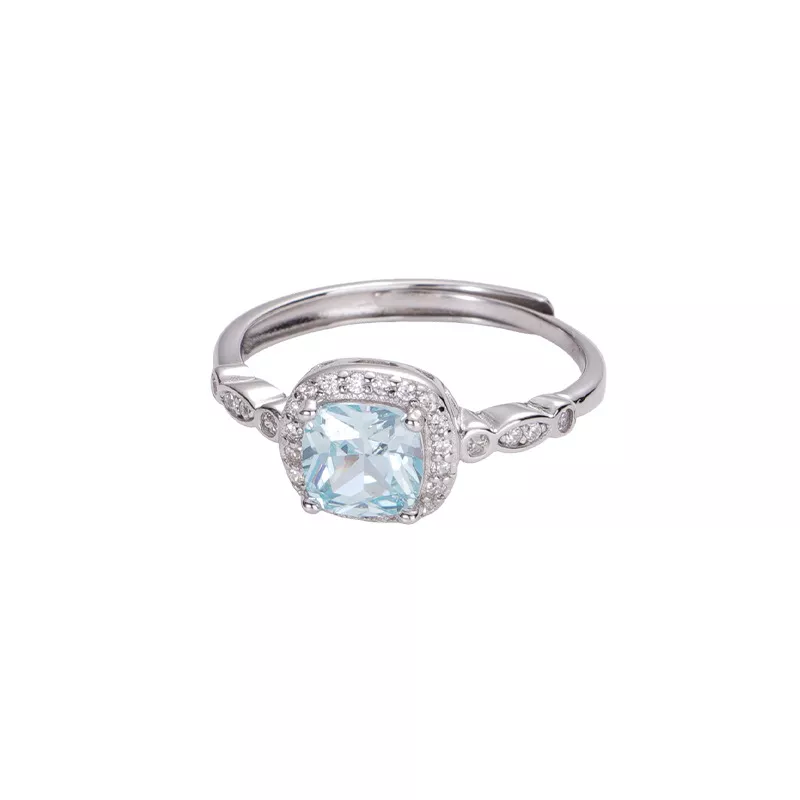 S925 Silver Light Blue Cushion Cut Ring