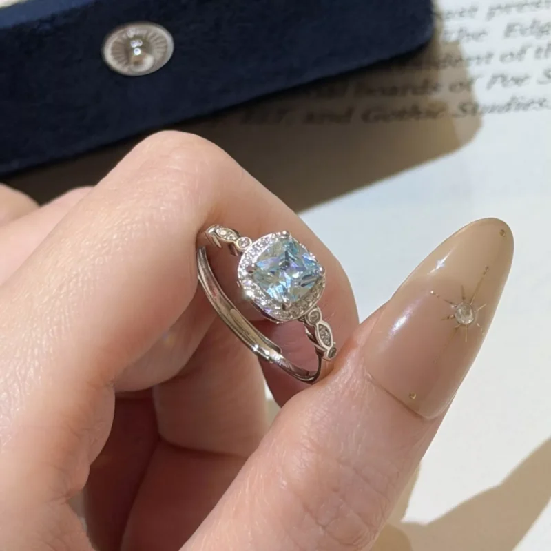 S925 Silver Light Blue Cushion Cut Ring